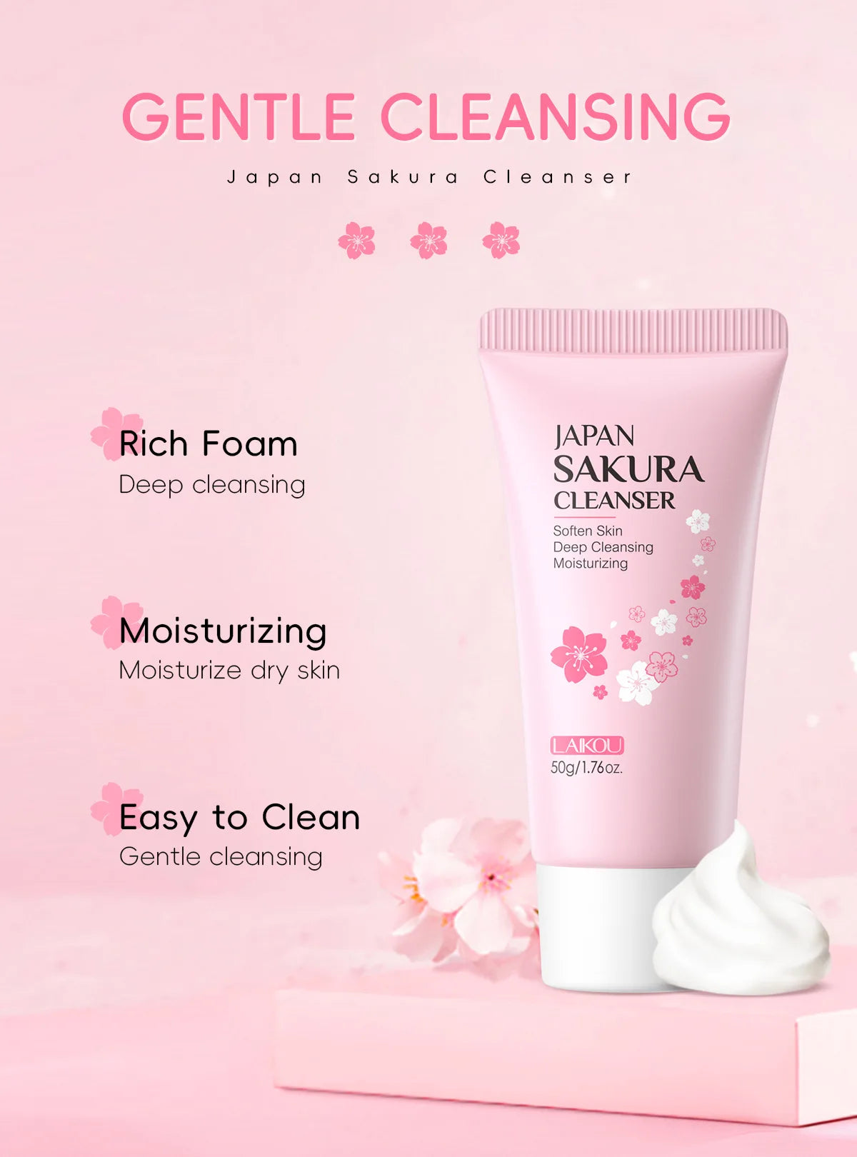 LAIKOU Sakura nettoyant pour le visage mousse lavage du visage supprimer points noirs hydratant rétrécit les Pores nettoyage en profondeur contrôle de l'huile soins de la peau 50g