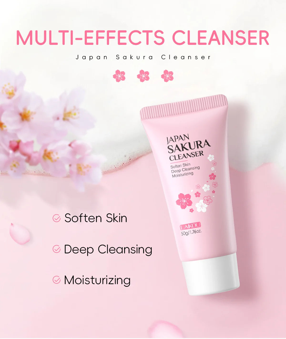 LAIKOU Sakura nettoyant pour le visage mousse lavage du visage supprimer points noirs hydratant rétrécit les Pores nettoyage en profondeur contrôle de l'huile soins de la peau 50g