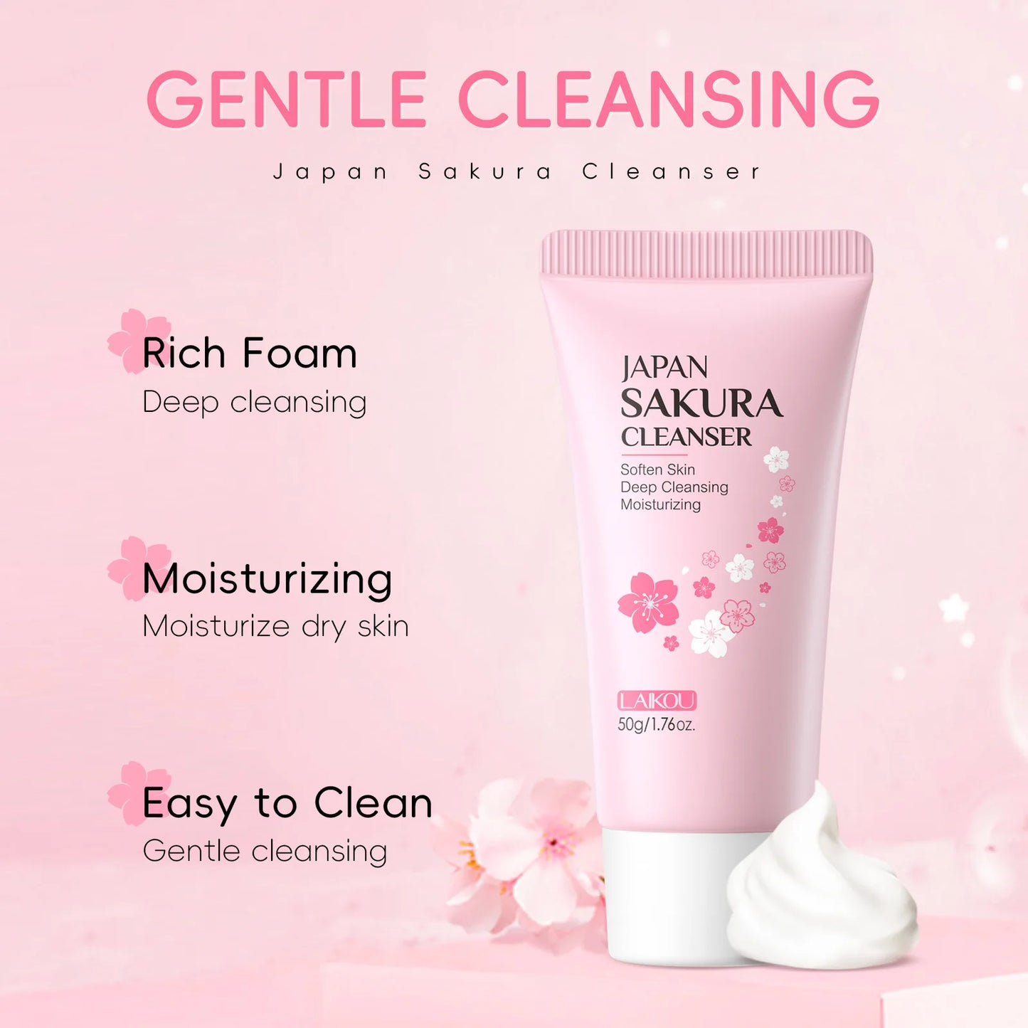 LAIKOU Sakura nettoyant pour le visage mousse lavage du visage supprimer points noirs hydratant rétrécit les Pores nettoyage en profondeur contrôle de l'huile soins de la peau 50g